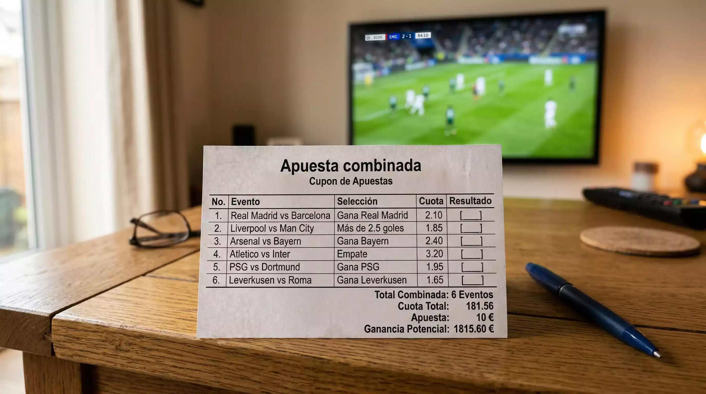 Boleto de apuestas deportivas sobre una mesa junto a un boligrafo con un televisor mostrando futbol al fondo