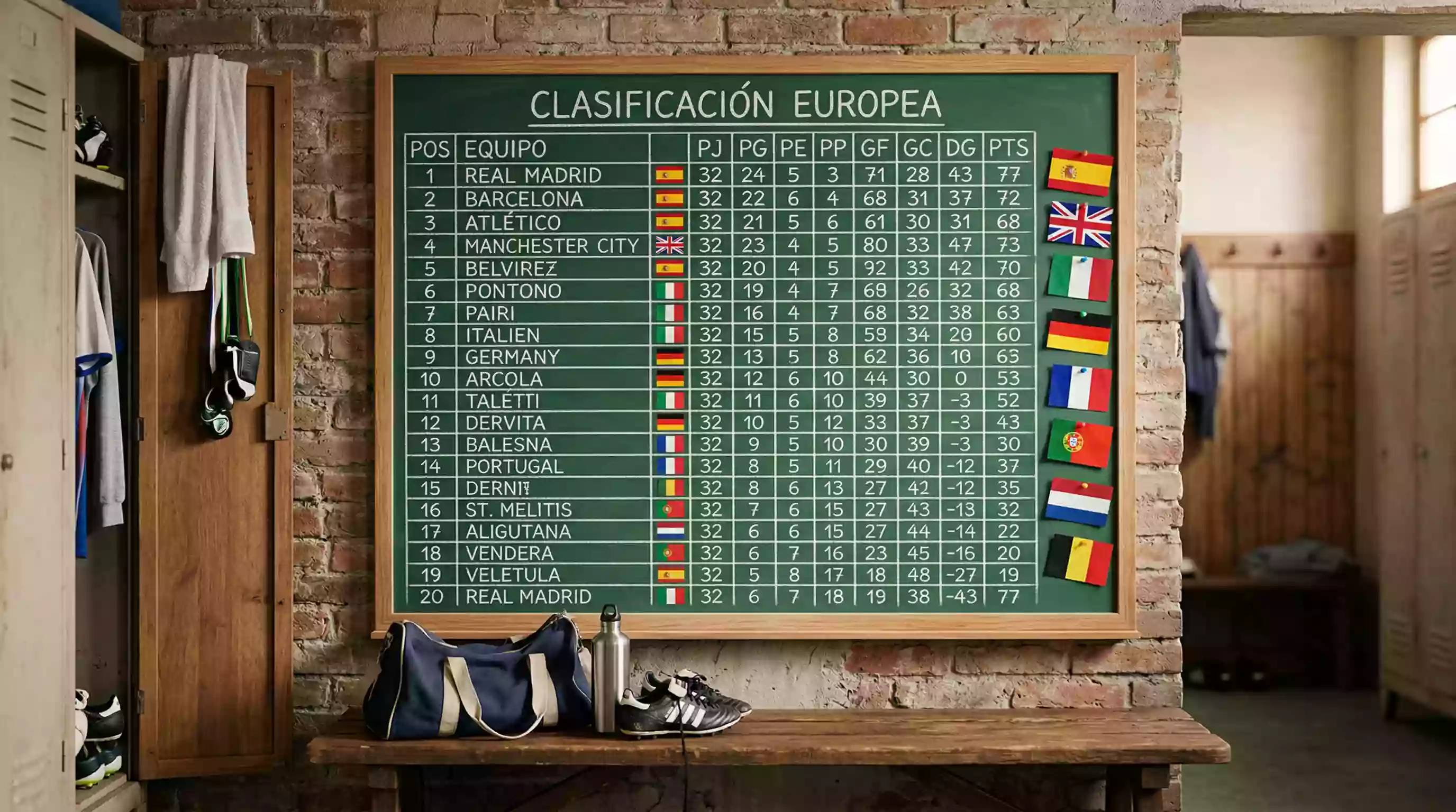 Tabla de clasificacion de la Serie A en una pizarra con banderas europeas al lado en un vestuario