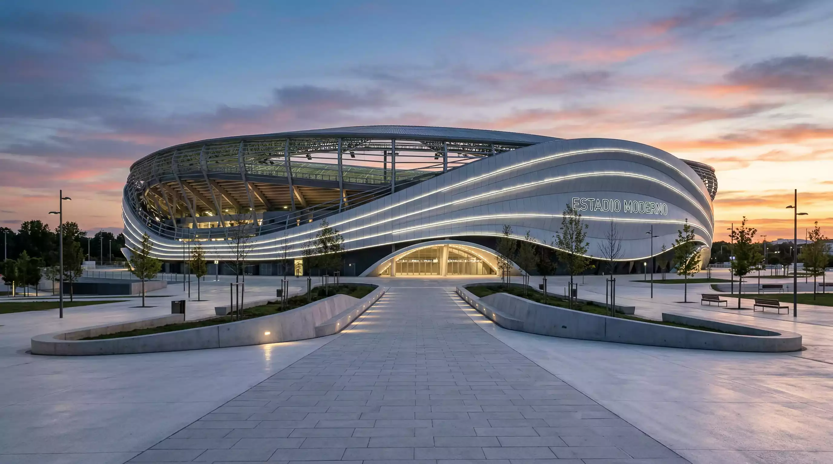 Exterior del Allianz Stadium de Turin con la fachada iluminada antes de un partido de la Juventus en Serie A