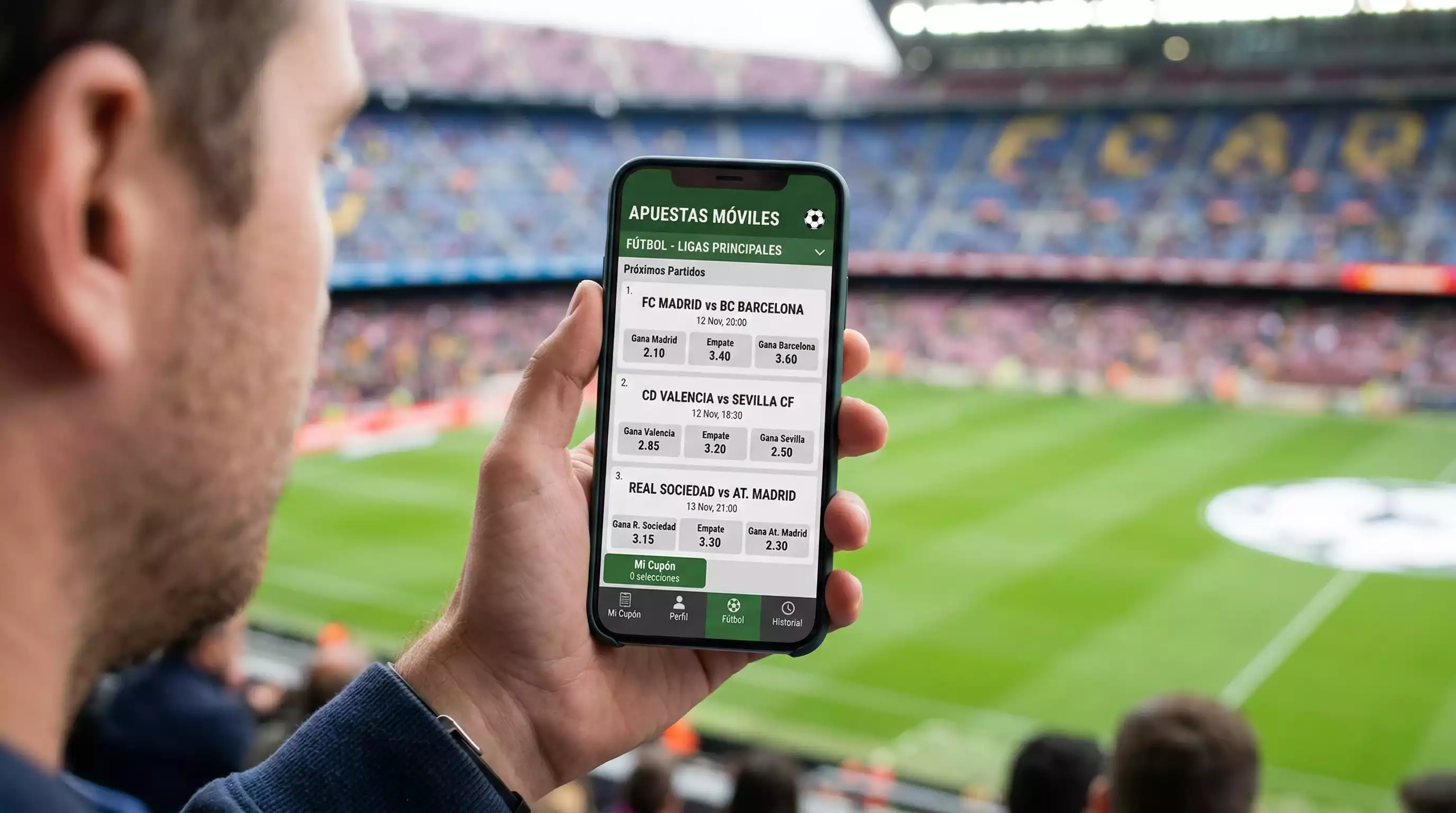 Mano sosteniendo un smartphone con una aplicacion de apuestas deportivas en un estadio de futbol