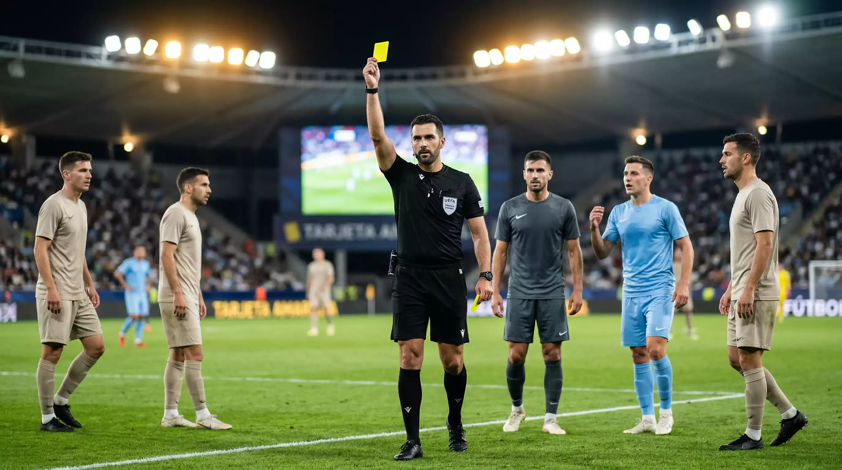 Arbitro de futbol mostrando una tarjeta amarilla en un partido de Serie A con jugadores alrededor