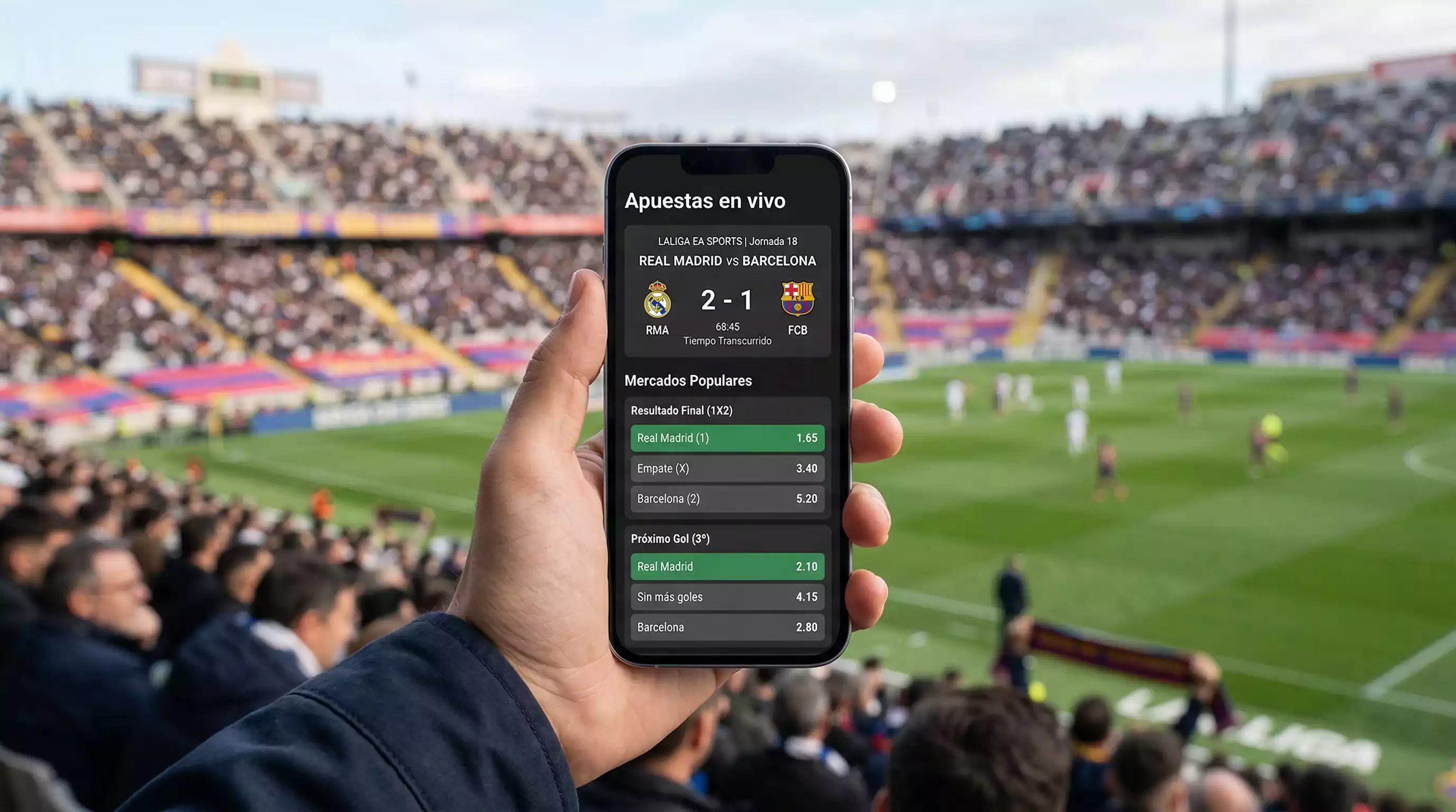 Smartphone mostrando cuotas de apuestas deportivas junto a un campo de futbol italiano desenfocado