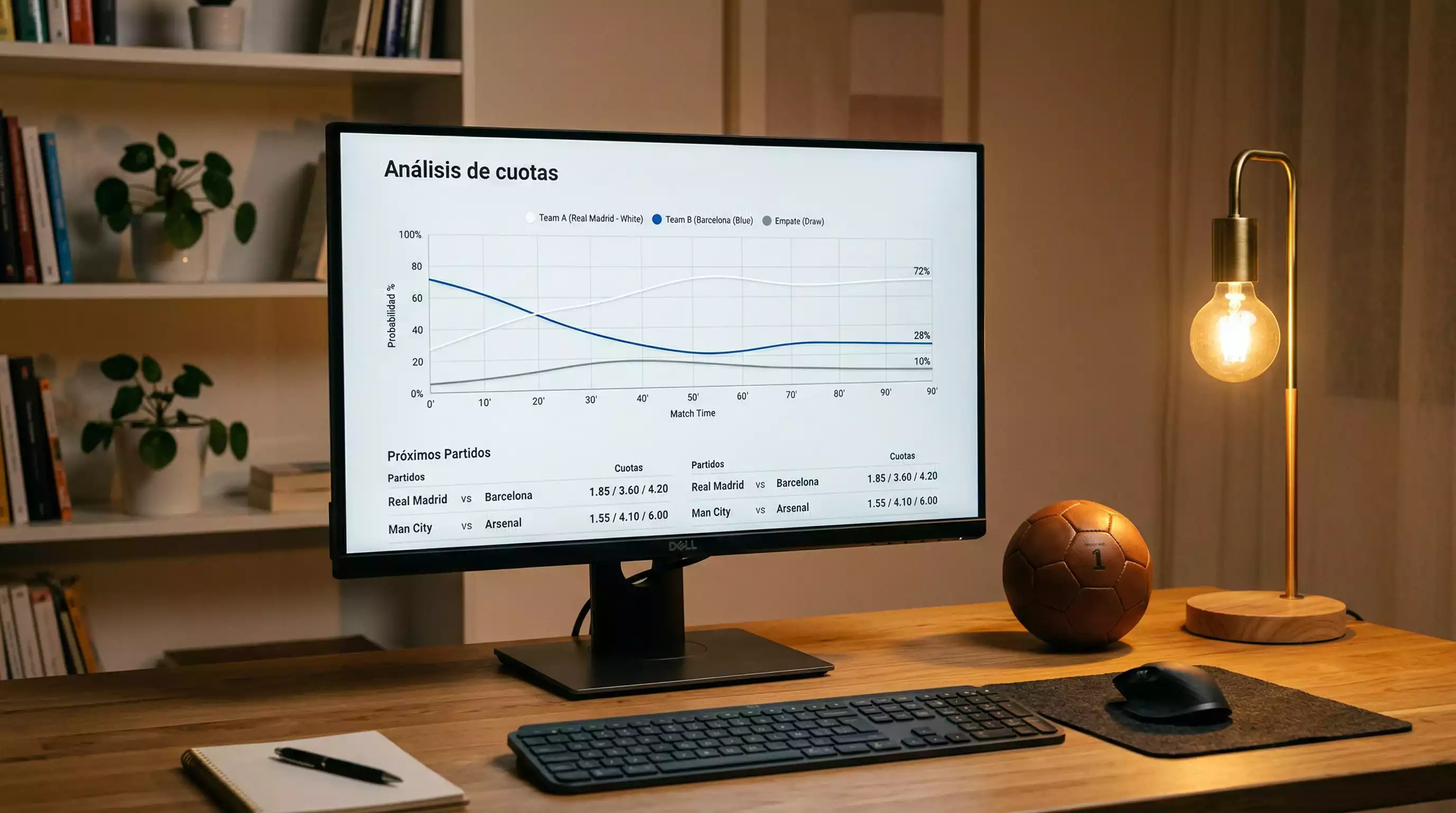 Monitor de escritorio con graficos de cuotas fluctuantes y un balon de futbol sobre la mesa al lado