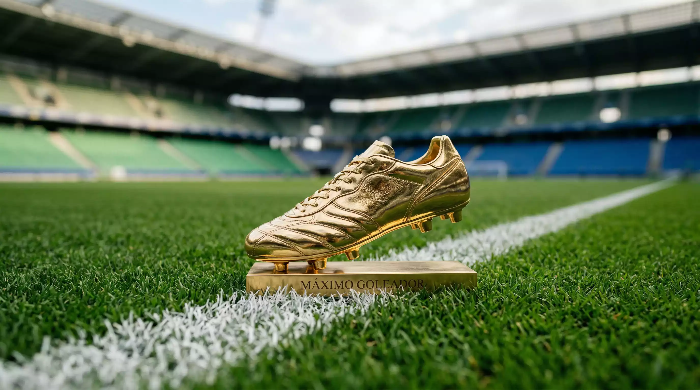 Bota de futbol dorada sobre cesped verde de un campo profesional italiano simbolizando el premio al maximo goleador
