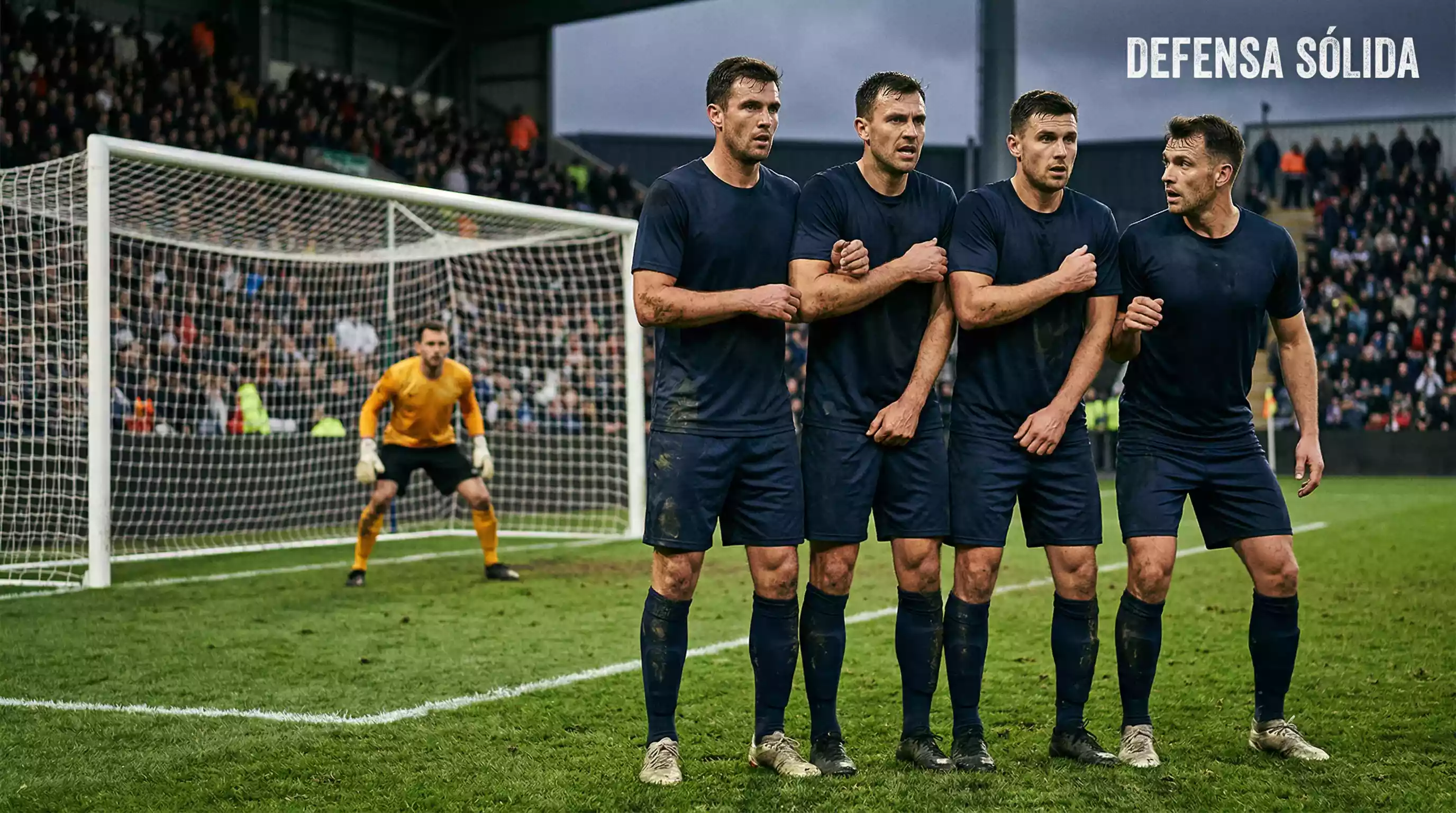 Linea defensiva de jugadores de futbol formando una barrera en un campo italiano con el portero detras
