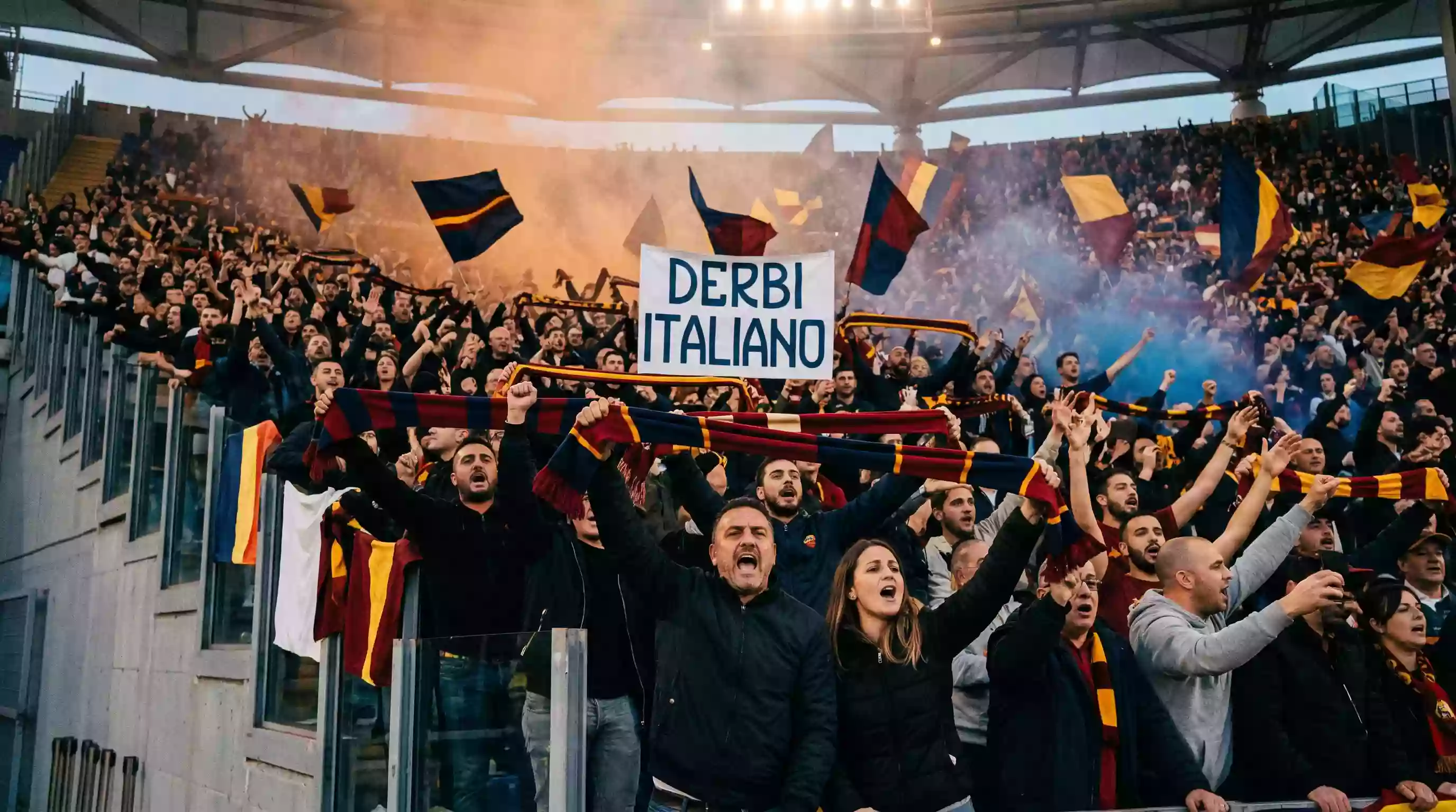 Tribuna de un estadio italiano repleta de aficionados con banderas durante un derbi de Serie A