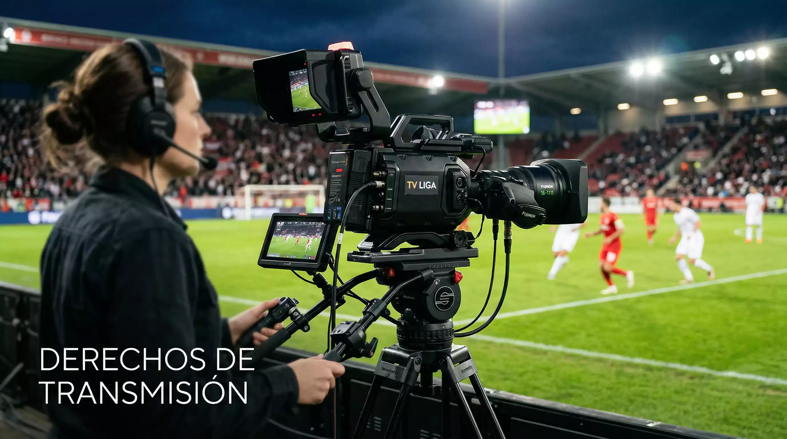 Camara de television profesional enfocando un campo de futbol italiano durante una retransmision en directo