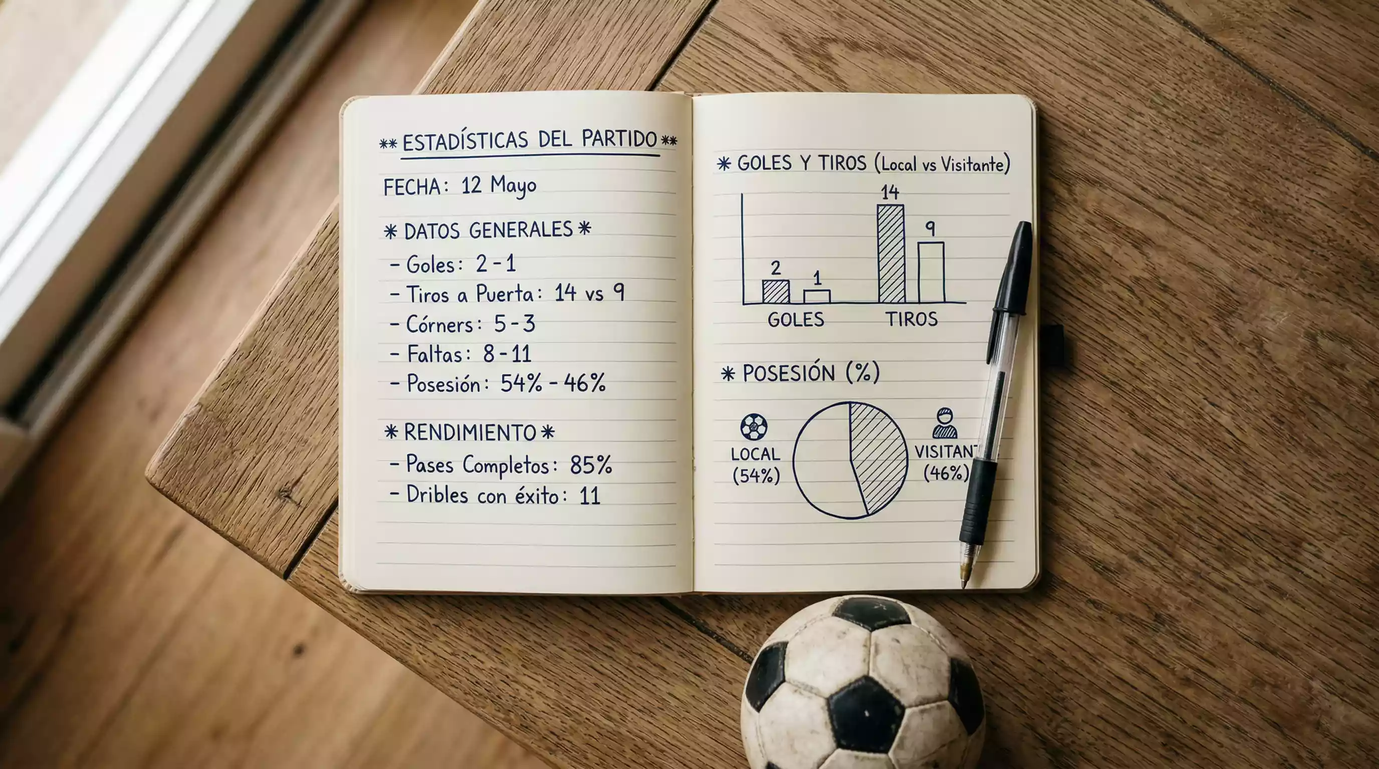 Cuaderno con graficos estadisticos y un balon de futbol sobre un escritorio de madera