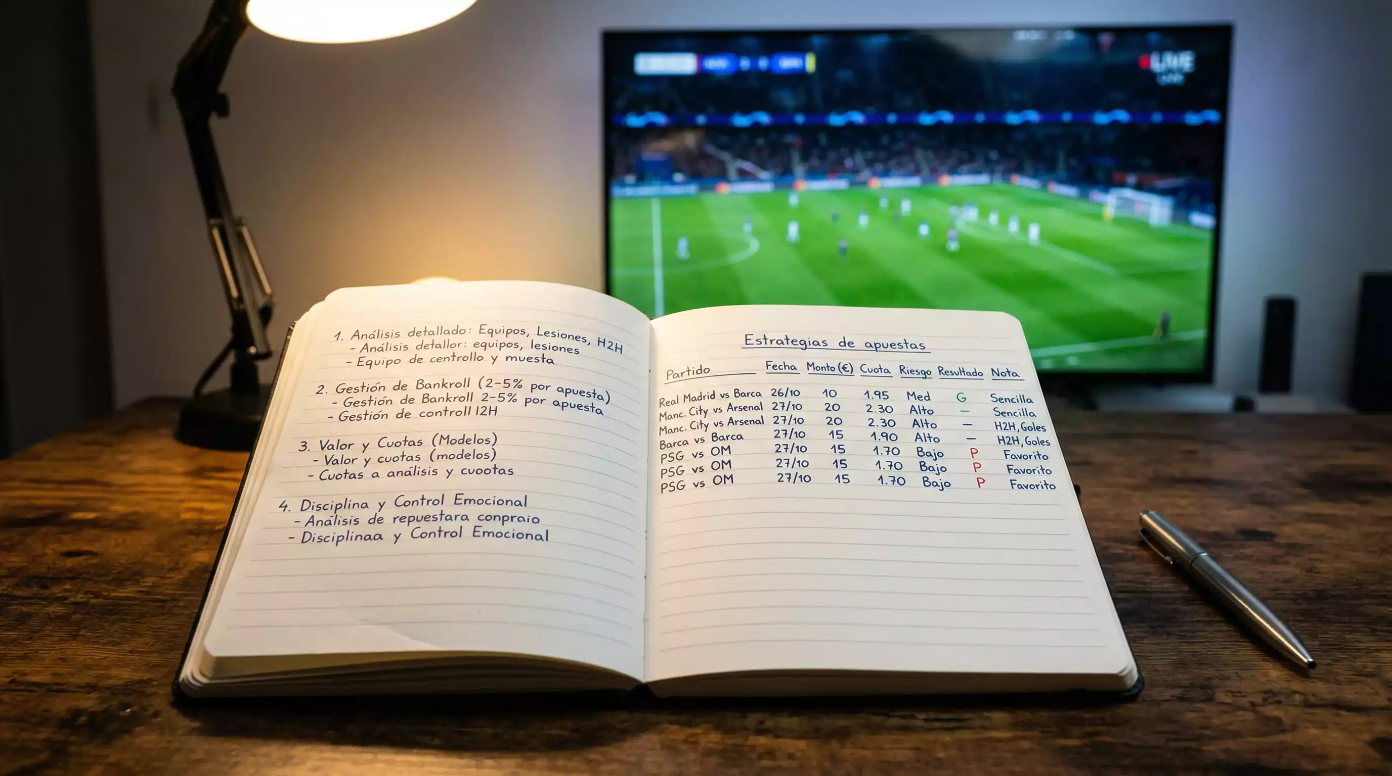 Estrategias de apuestas en la Serie A con libreta de análisis junto a un campo de fútbol
