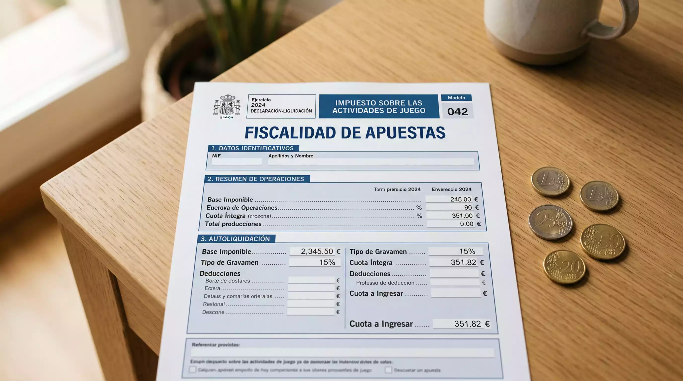 Formulario fiscal impreso sobre un escritorio con una calculadora y monedas de euro al lado