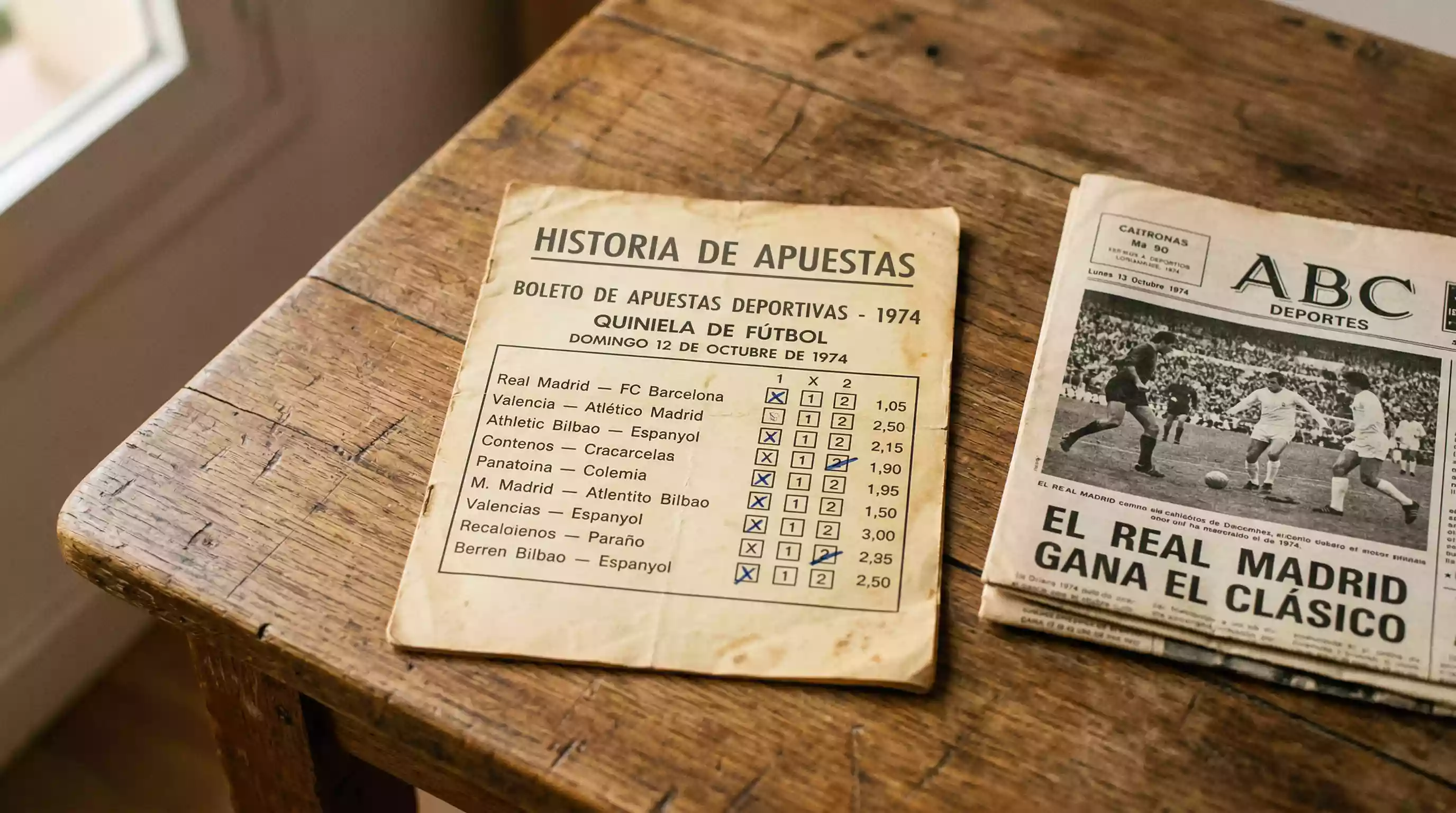 Boleto antiguo de Totocalcio italiano sobre una mesa de madera junto a un periodico deportivo vintage
