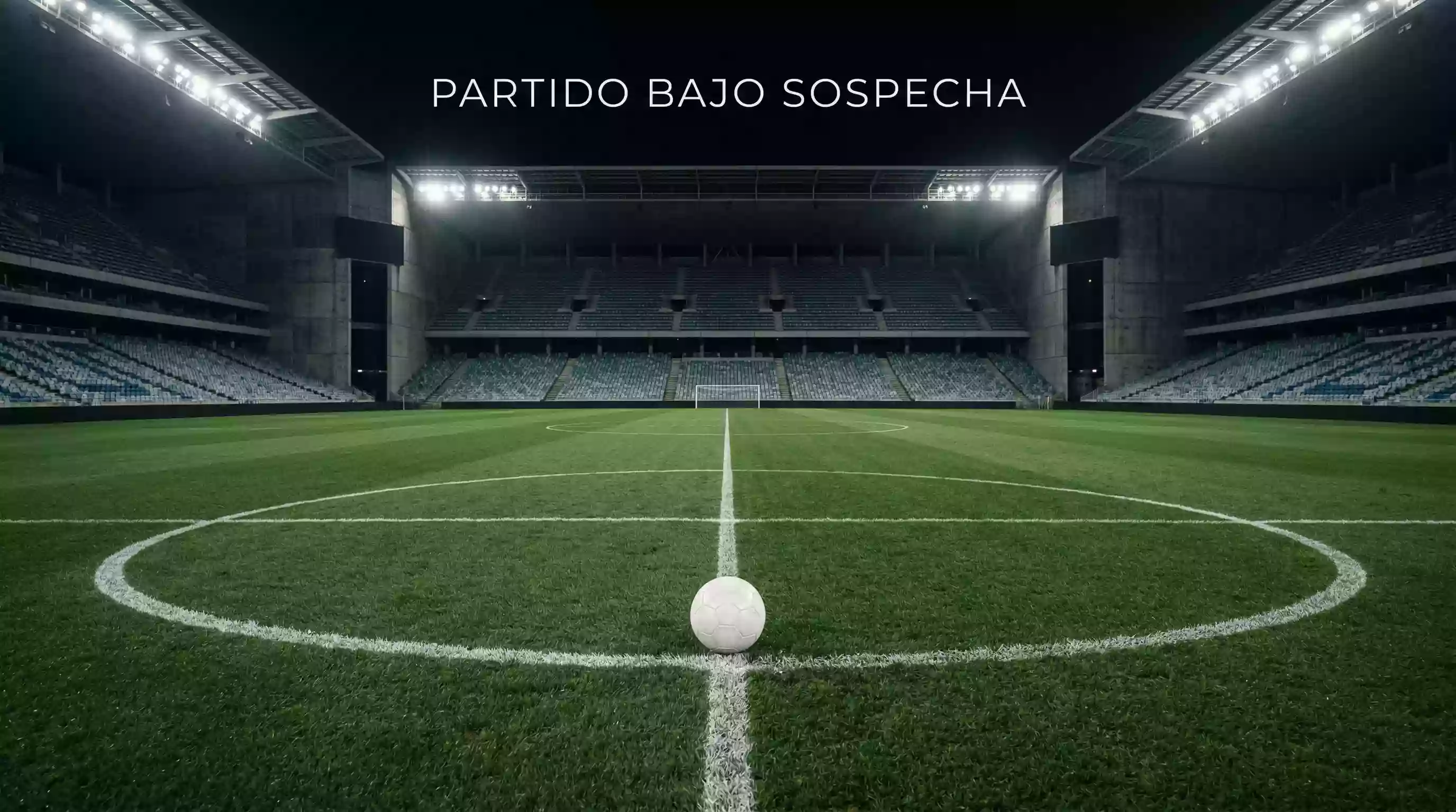 Balon de futbol en el centro del campo de un estadio italiano vacio con las luces encendidas de noche
