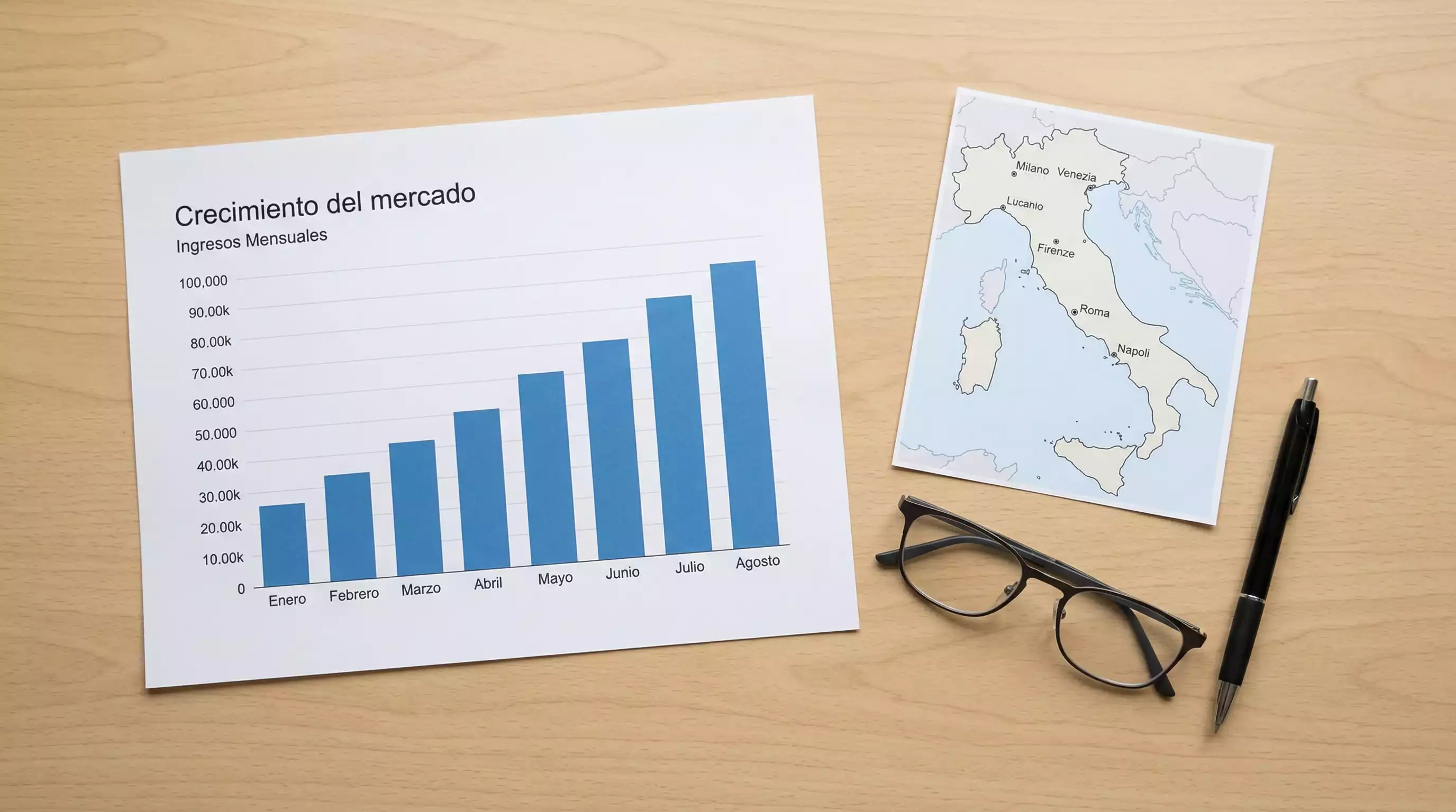 Grafico de barras ascendente impreso en papel sobre un escritorio con un mapa de Italia al lado