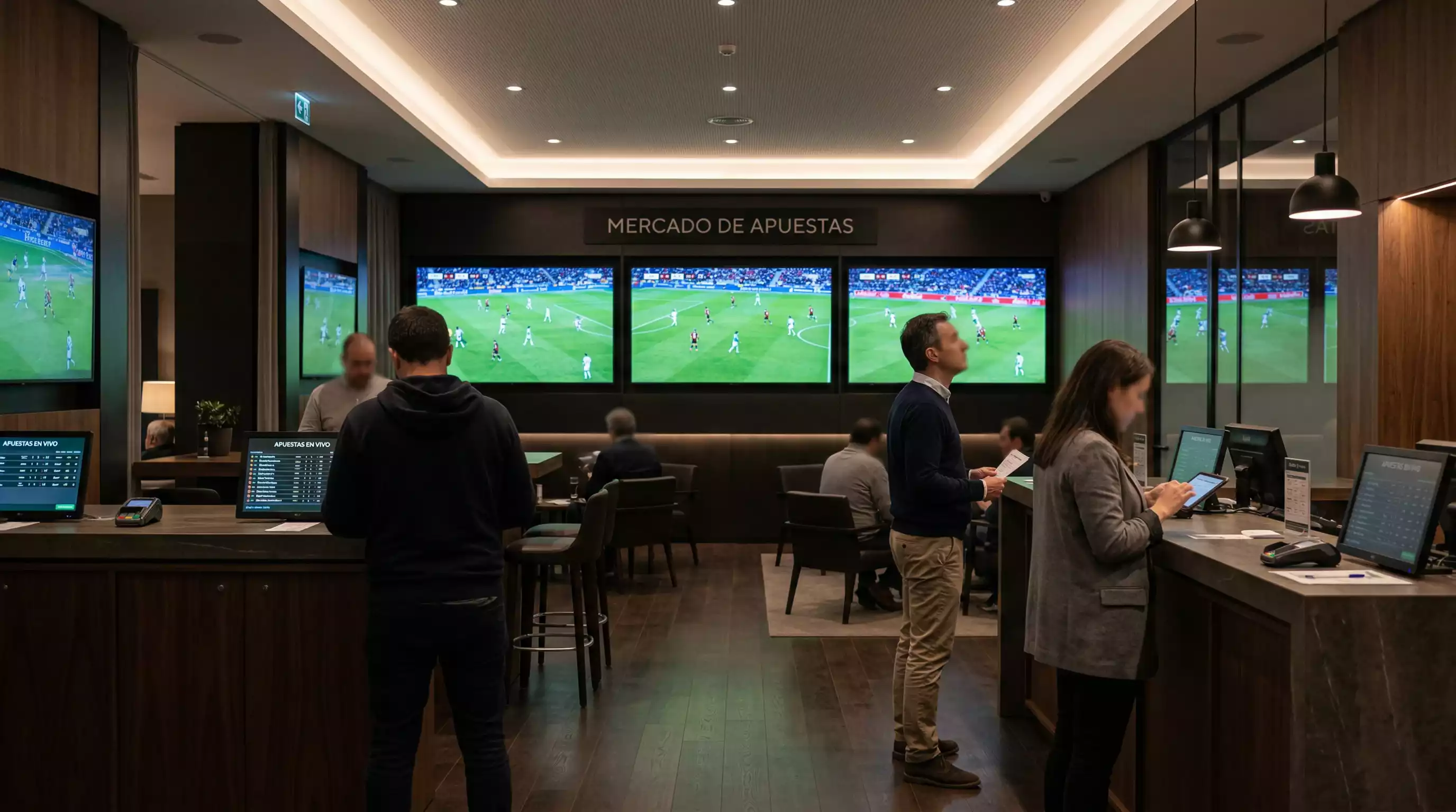 Interior de un local de apuestas deportivas en Italia con pantallas mostrando partidos de Serie A
