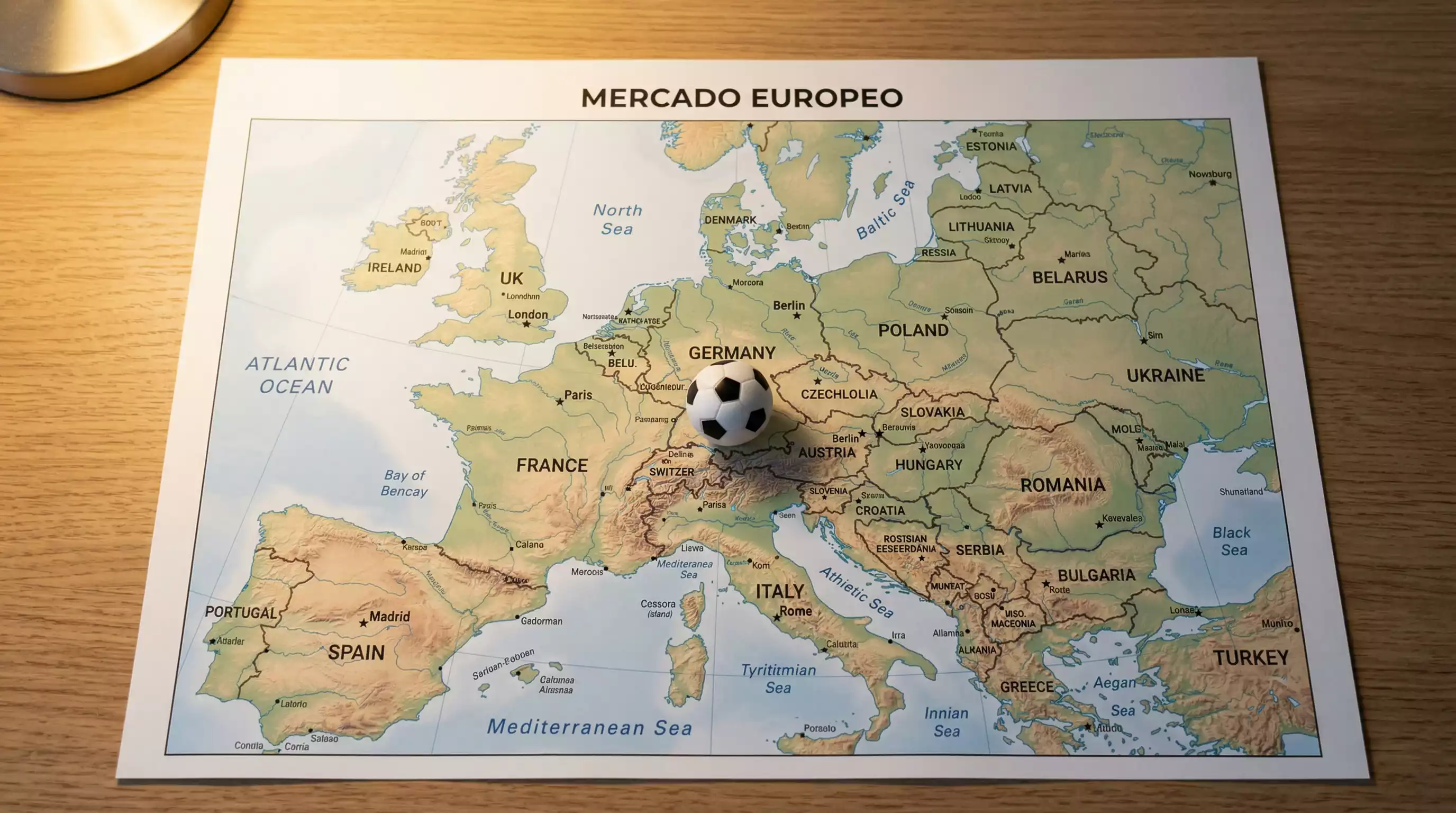 Mapa de Europa sobre un escritorio con graficos financieros y un balon de futbol pequeno encima