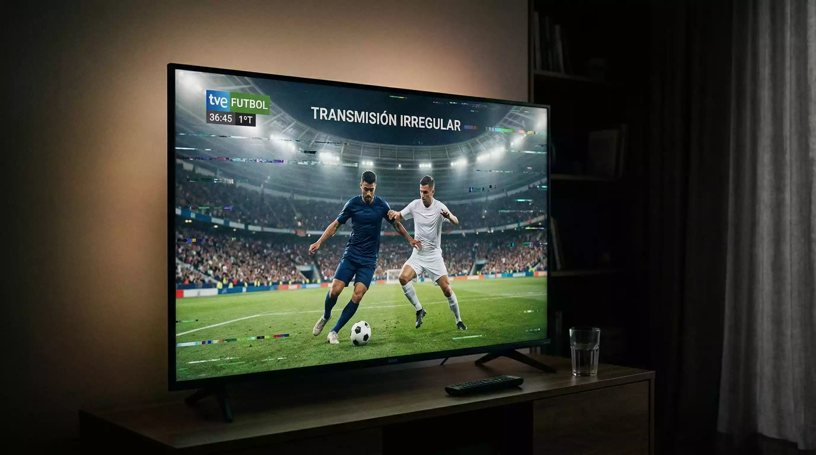 Television mostrando un partido de futbol con interferencia digital en una sala oscura