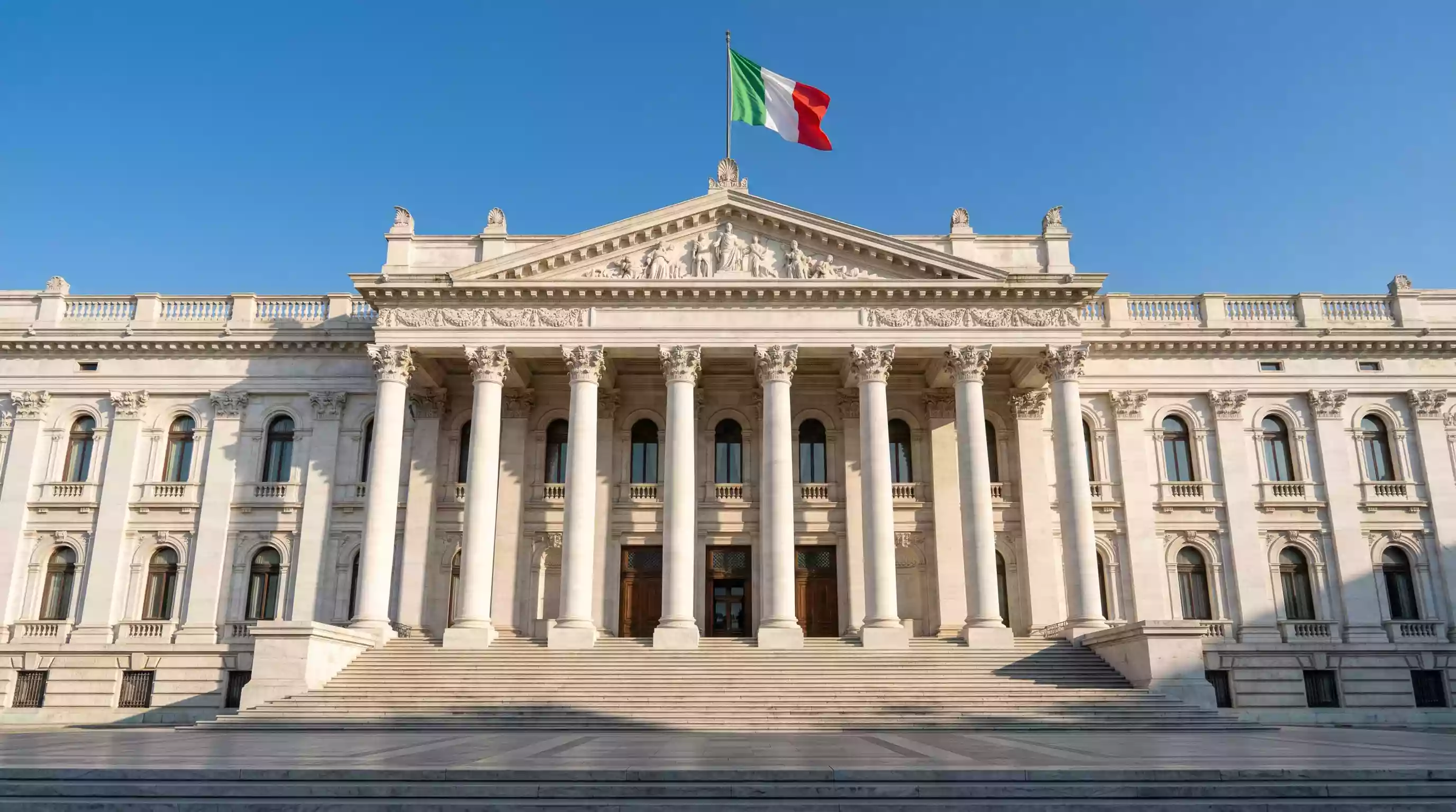 Regulación de apuestas en Italia con fachada de edificio institucional y bandera italiana
