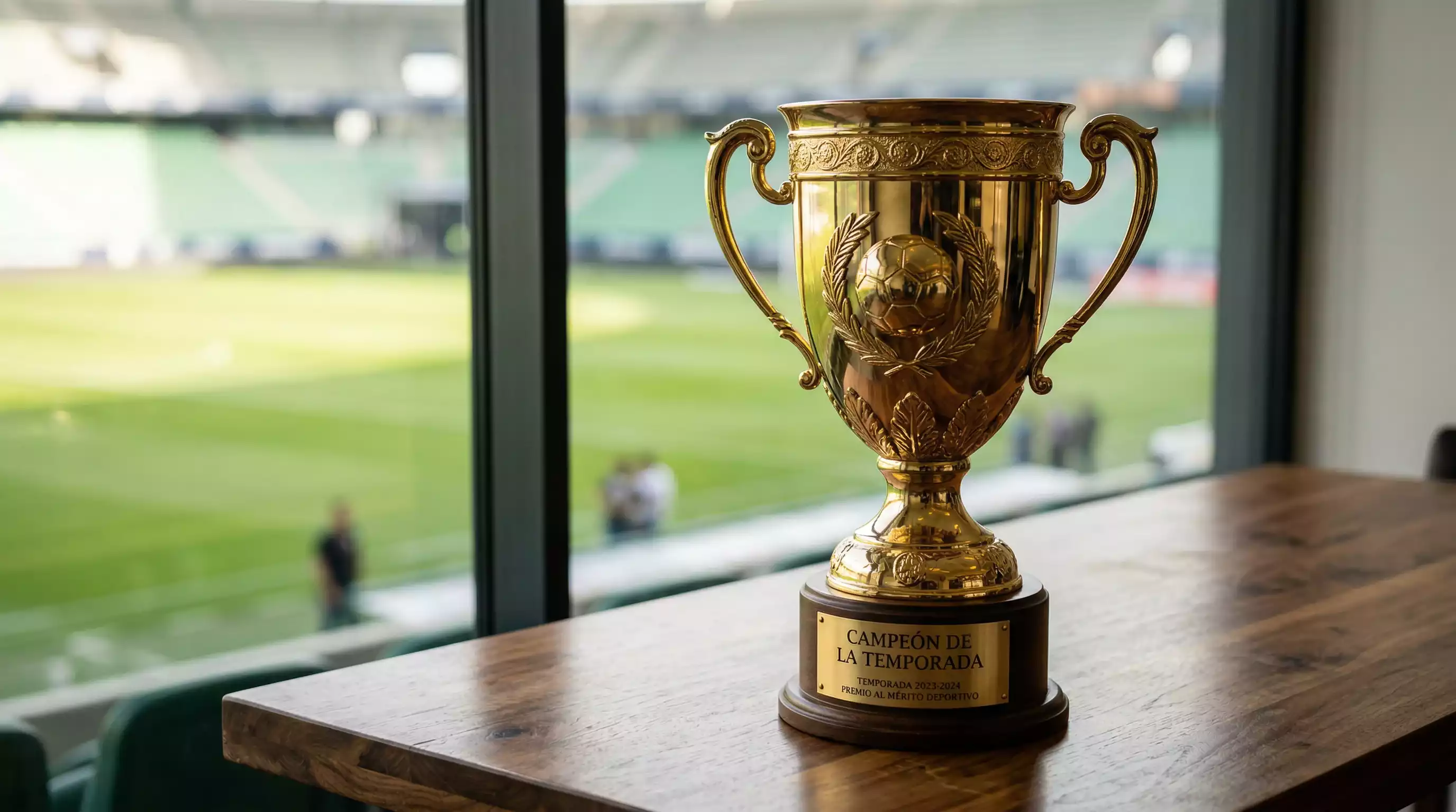 Trofeo de campeon de liga italiano sobre una mesa con un campo de futbol desenfocado al fondo