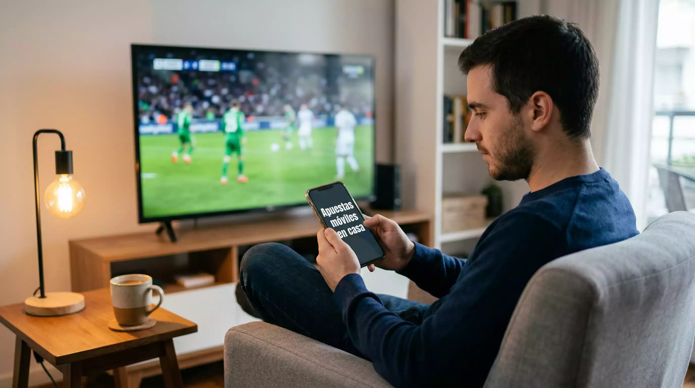 Persona utilizando una aplicación de apuestas deportivas en un smartphone con un partido de fútbol de fondo